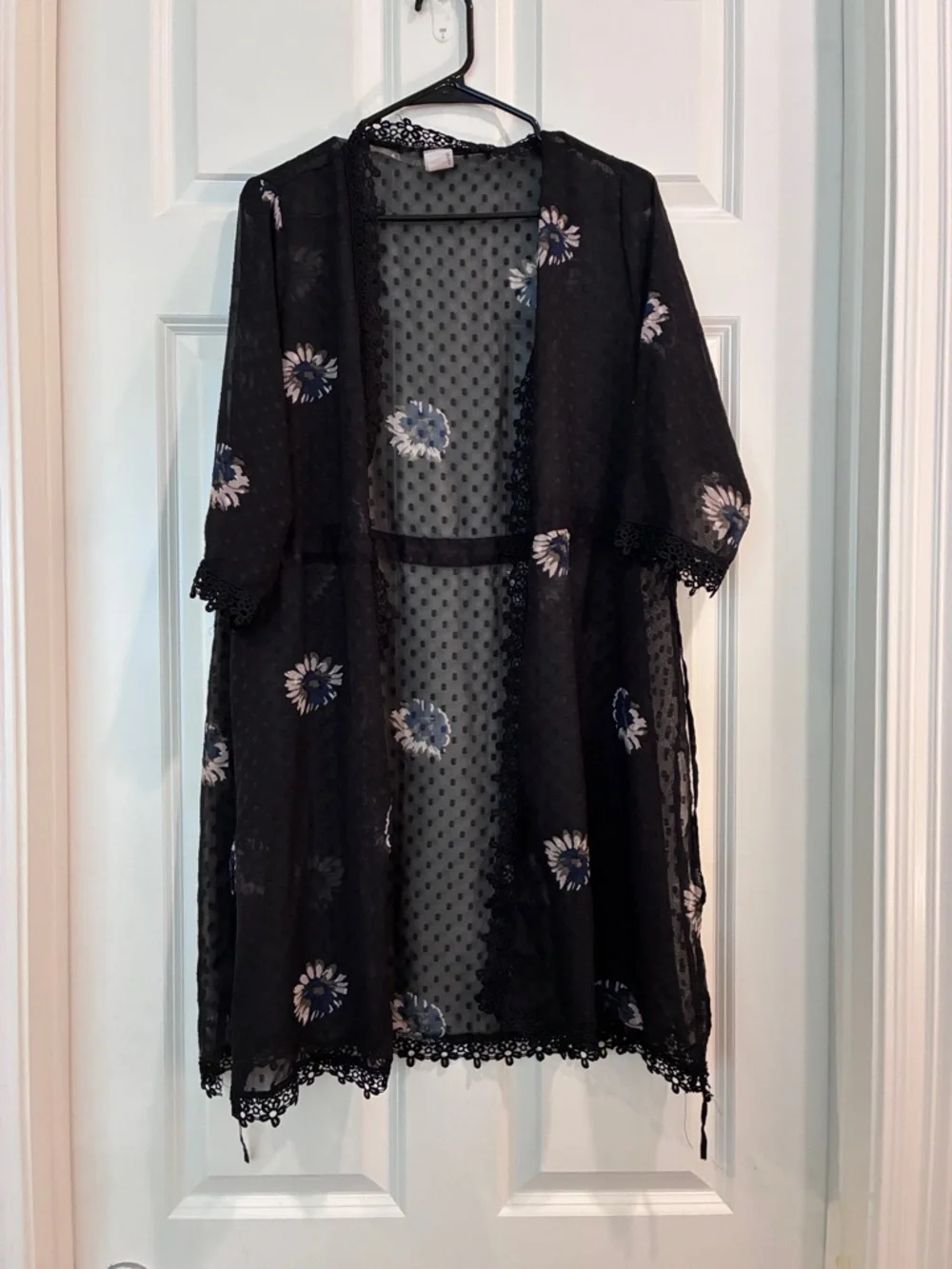 Source Unknown Black Sheer Floral Duster with Blue & White Flowers